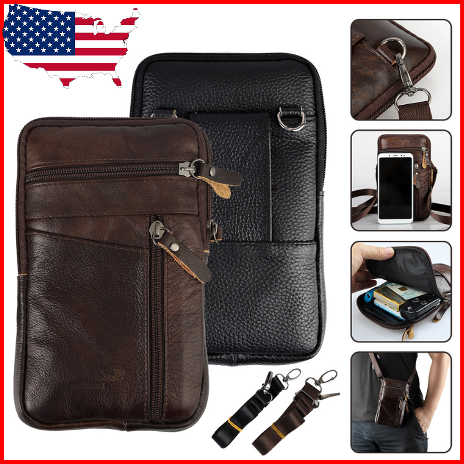 Leather Crossbody Phone Bag Shoulder Purse Men Belt Holster Travel Waist Pouch
