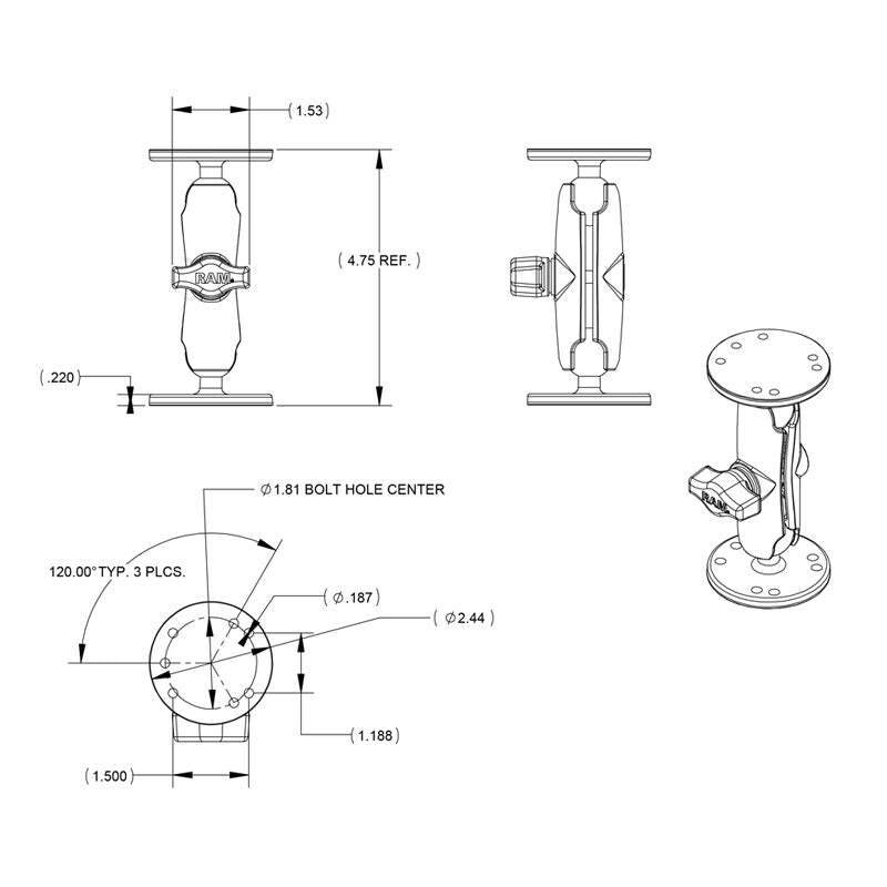 RAM-B-101U RAM Universal Double Ball Mount with Two Roun...