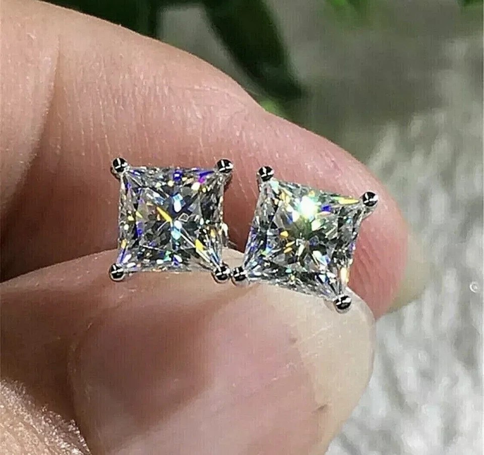 4Ct Princess Cut Lab Created Diamond 14K White Gold FN Screw Back Stud Earrings