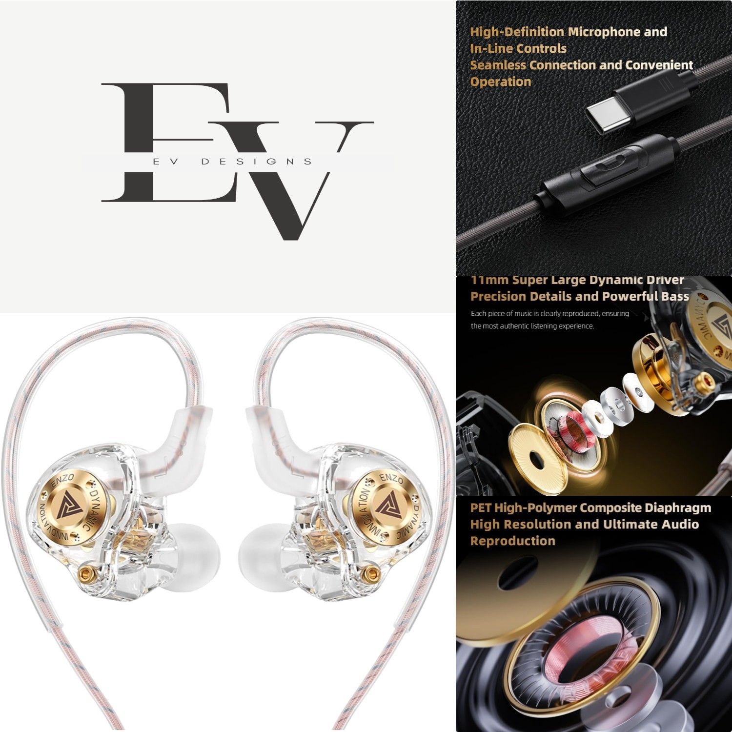 Elegant QKZ ENZO In-Ear Monitors - USB-C Earbuds with Customizable Silicone Tips