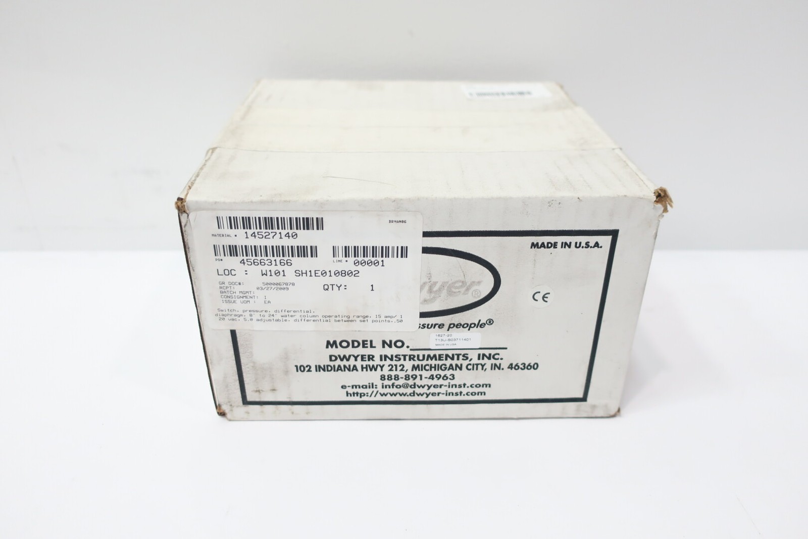 Dwyer 1627-20 Pressure Switch 8-24in-wc