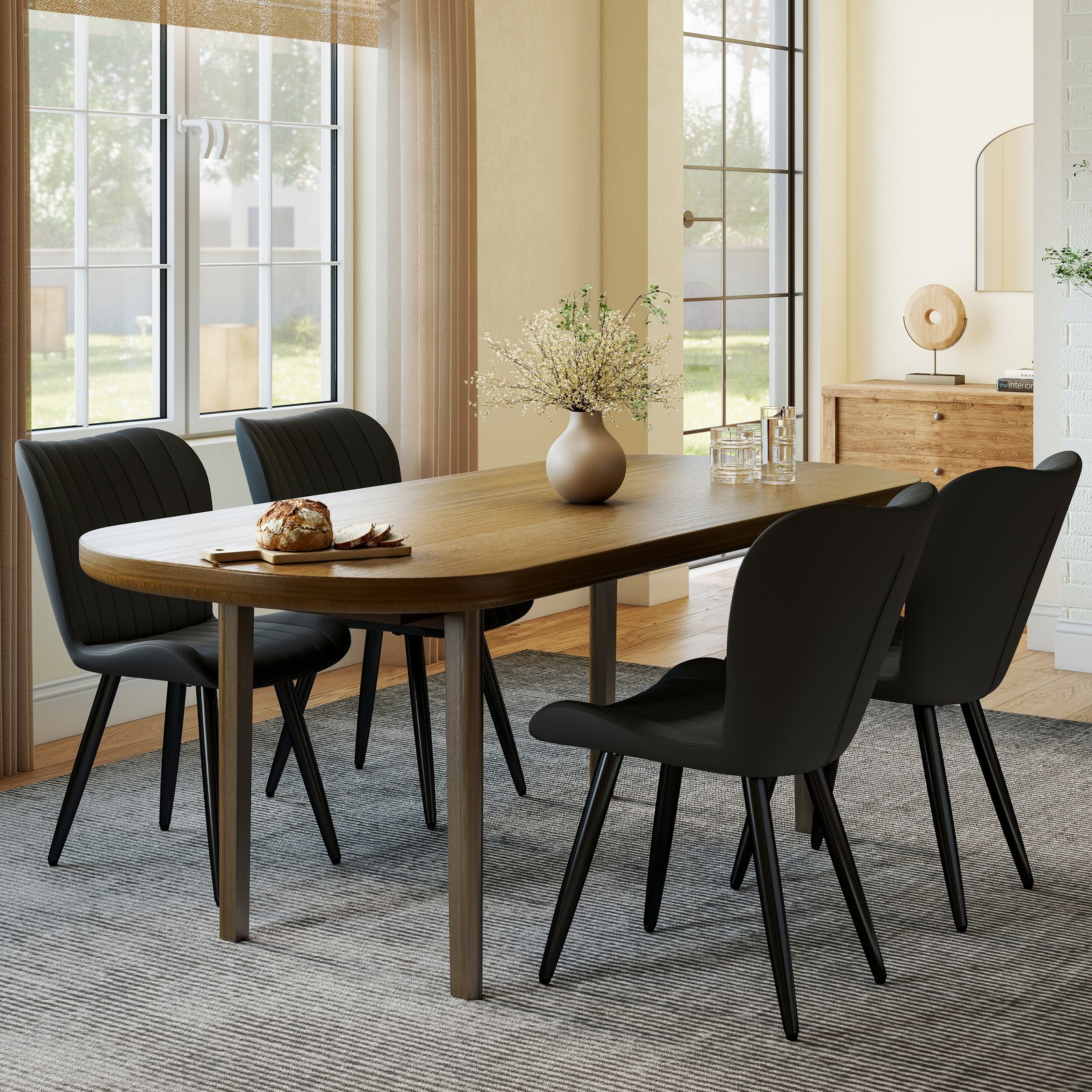 Set Of 4 Modern PU Leather Thick Cushions & Metal Legs, Armless Dining Room Chai