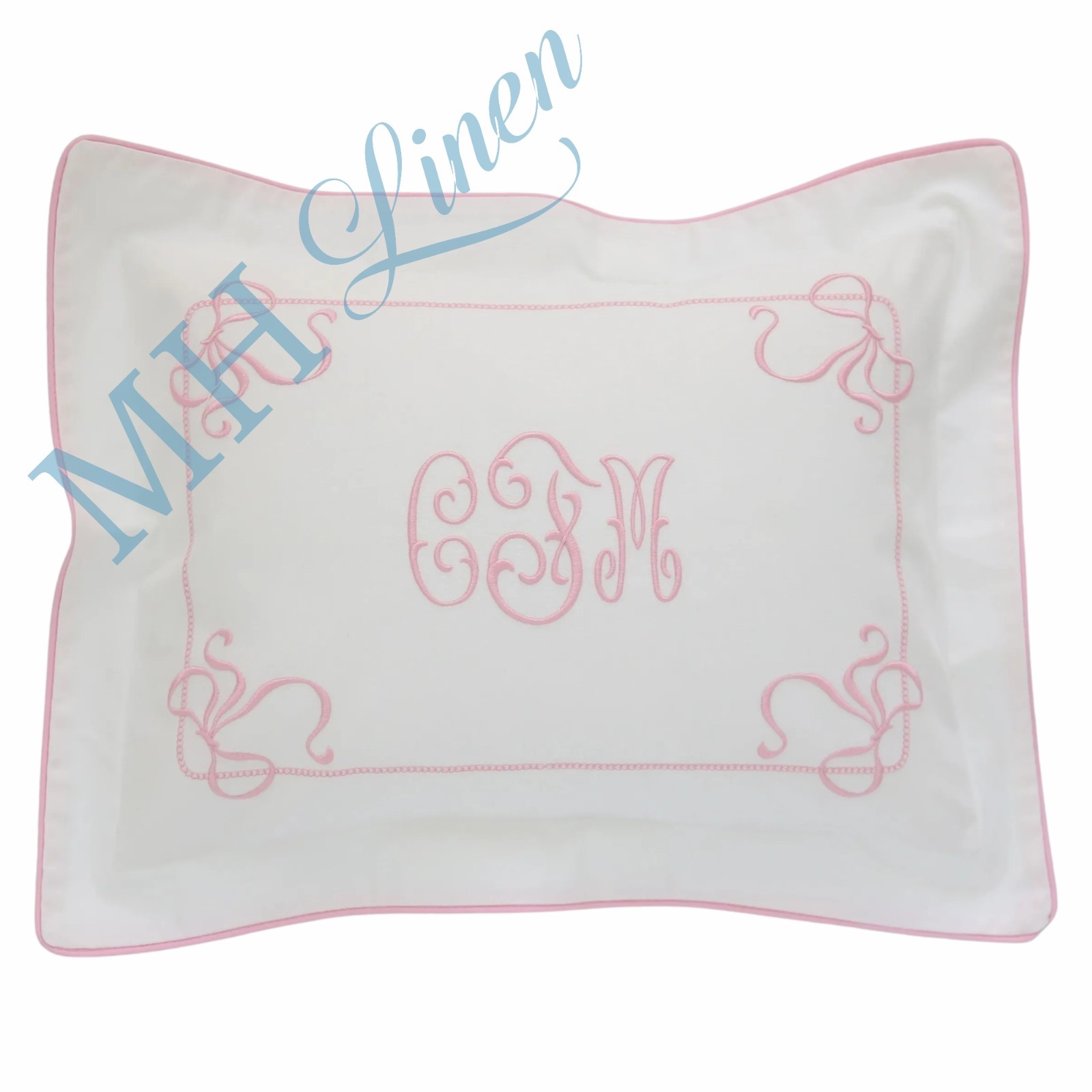 SAMPLE White Cotton Twill Baby Boudoir Sham Pillow with Pink Bows Initials CFM