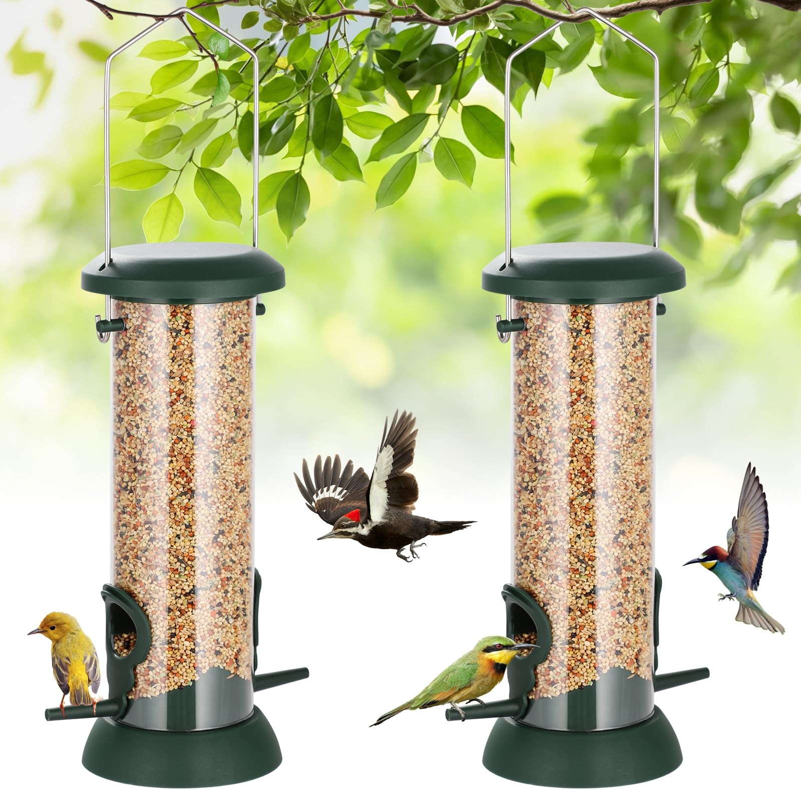 FEED GARDEN 2 Pack Tube Bird Feeders for Outdoors 8.5 inch-Plastic, Green