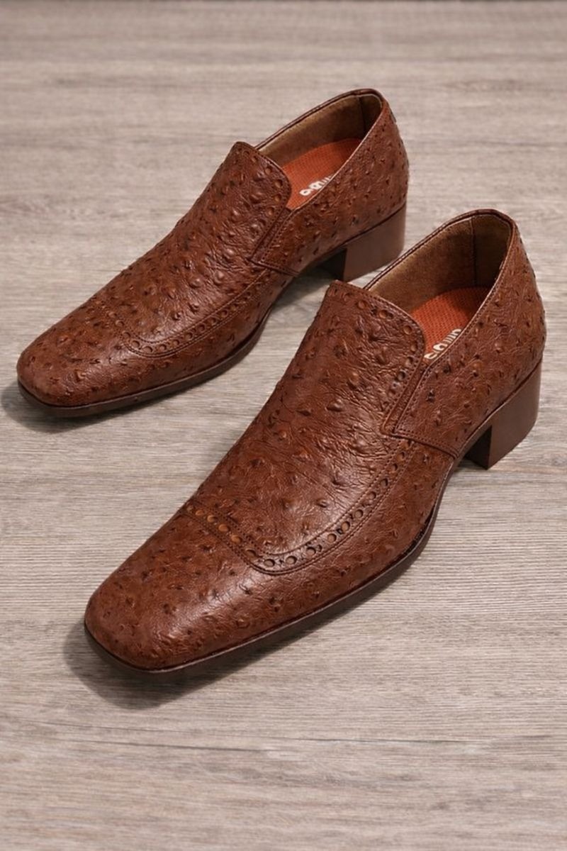 Genuine Handmade Men's Brown Leather Shoes Ostrich Pattern Slip-On Casual Shoe