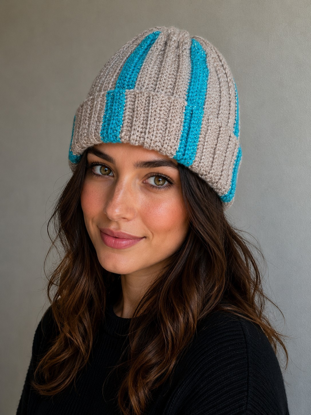 Handmade Crocheted Knit Beanie Hat Beige & Teal Striped Cuffed Winter Cap