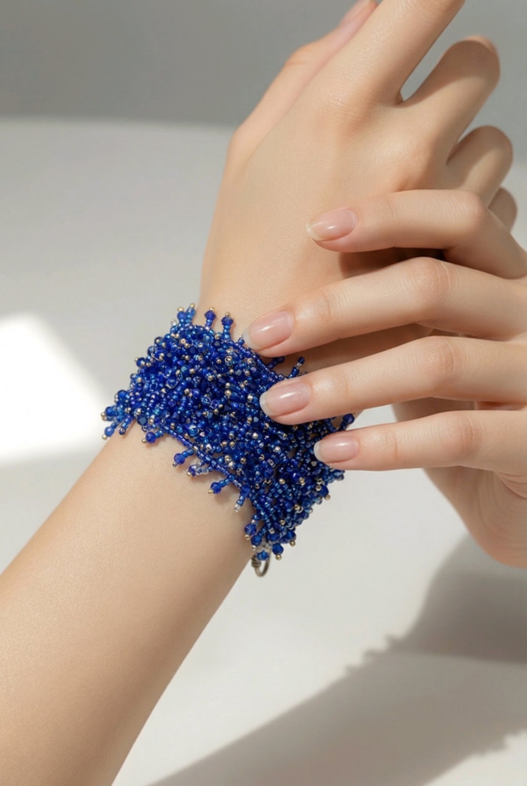 Handcrafted Blue Silver Glass Beaded Bracelet Toggle Clasp Asymmetrical