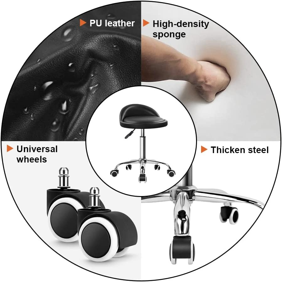 PU Leather round Rolling Stool with Back Rest Height Adjustable Swivel Drafting