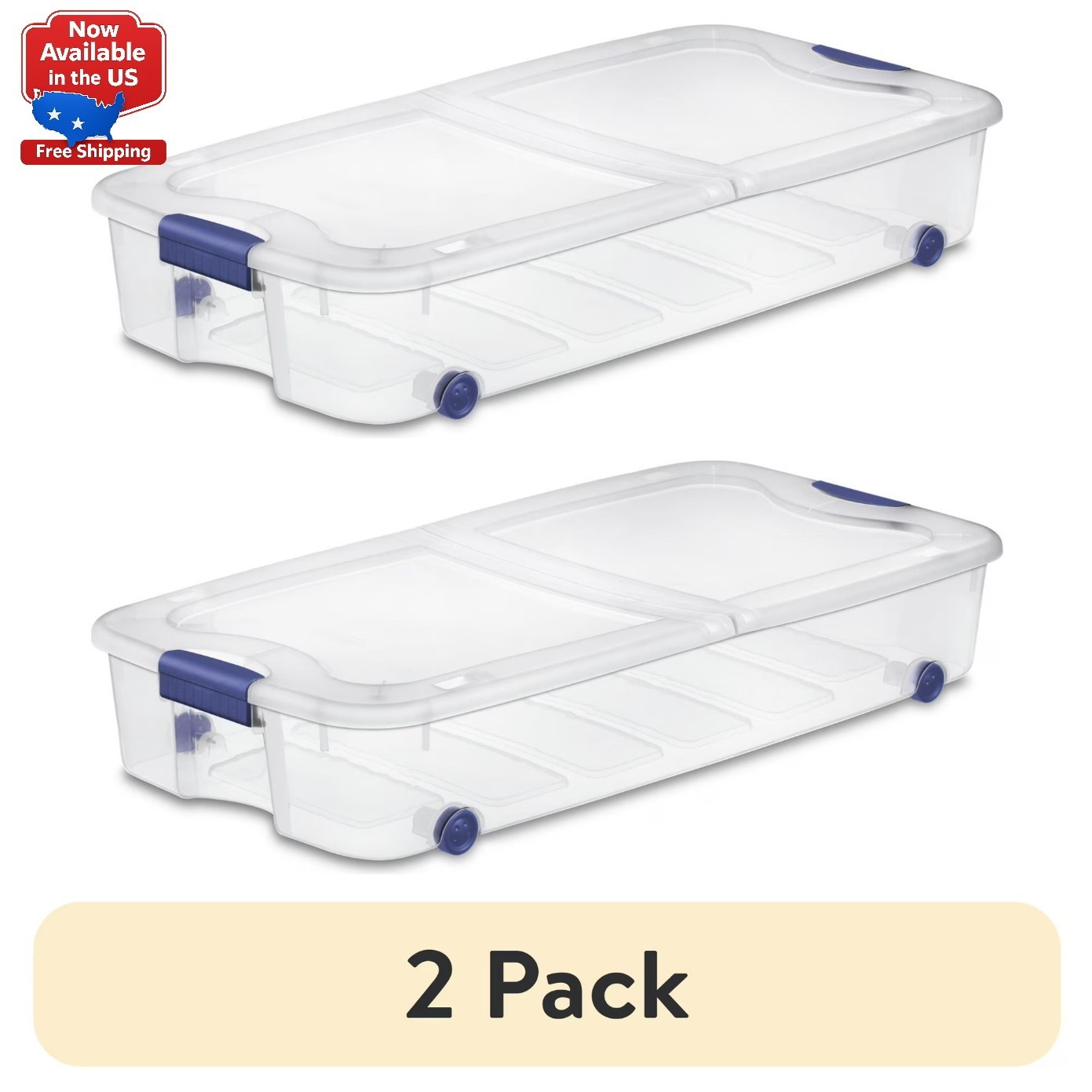 (2 pack) Sterilite 66 Quart Latching Underbed Wheeled Storage Bin, Clear Plastic