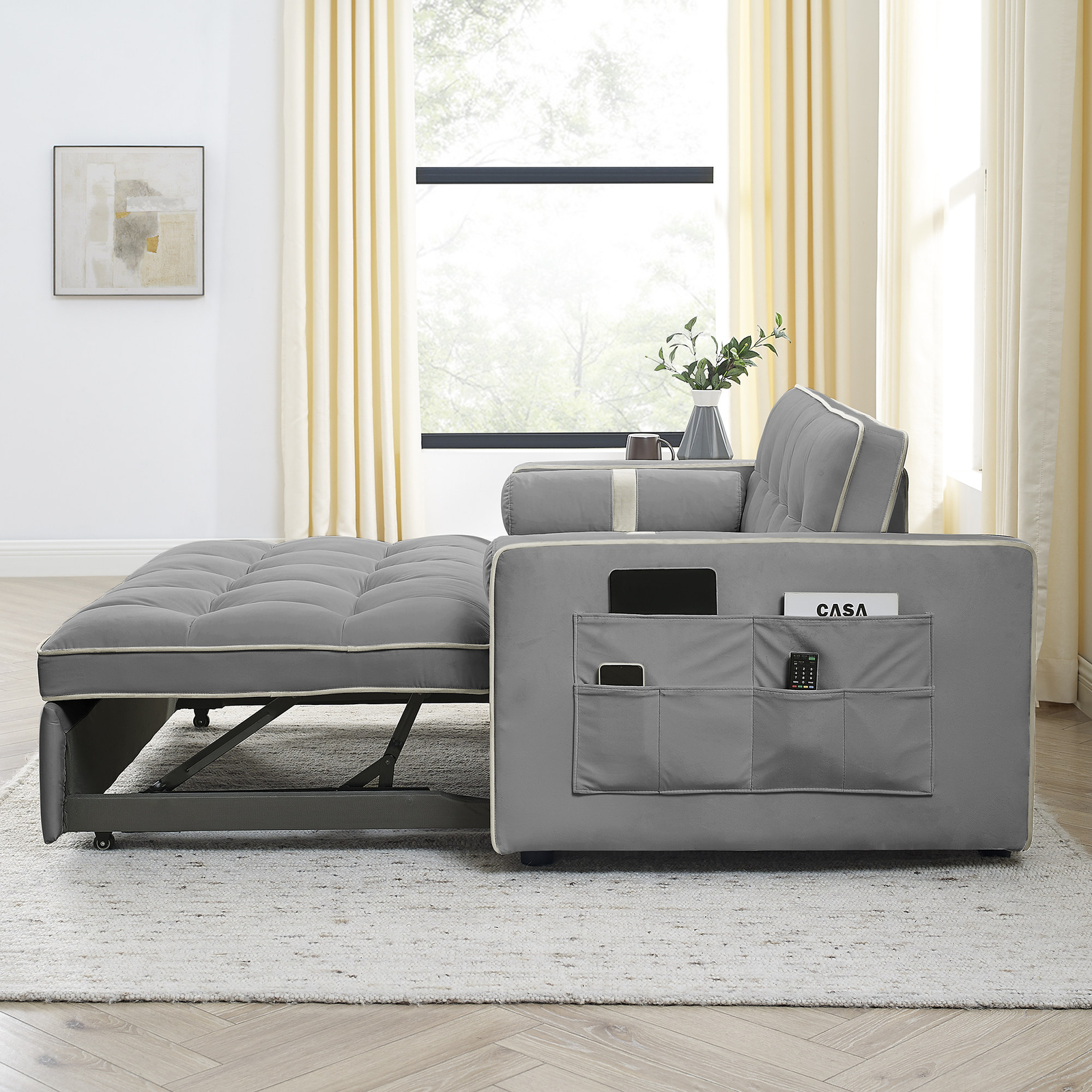 55.5" Pull Out Sleep Sofa Bed 2 Seater Loveseats Sofa Couch w/ Side Pockets