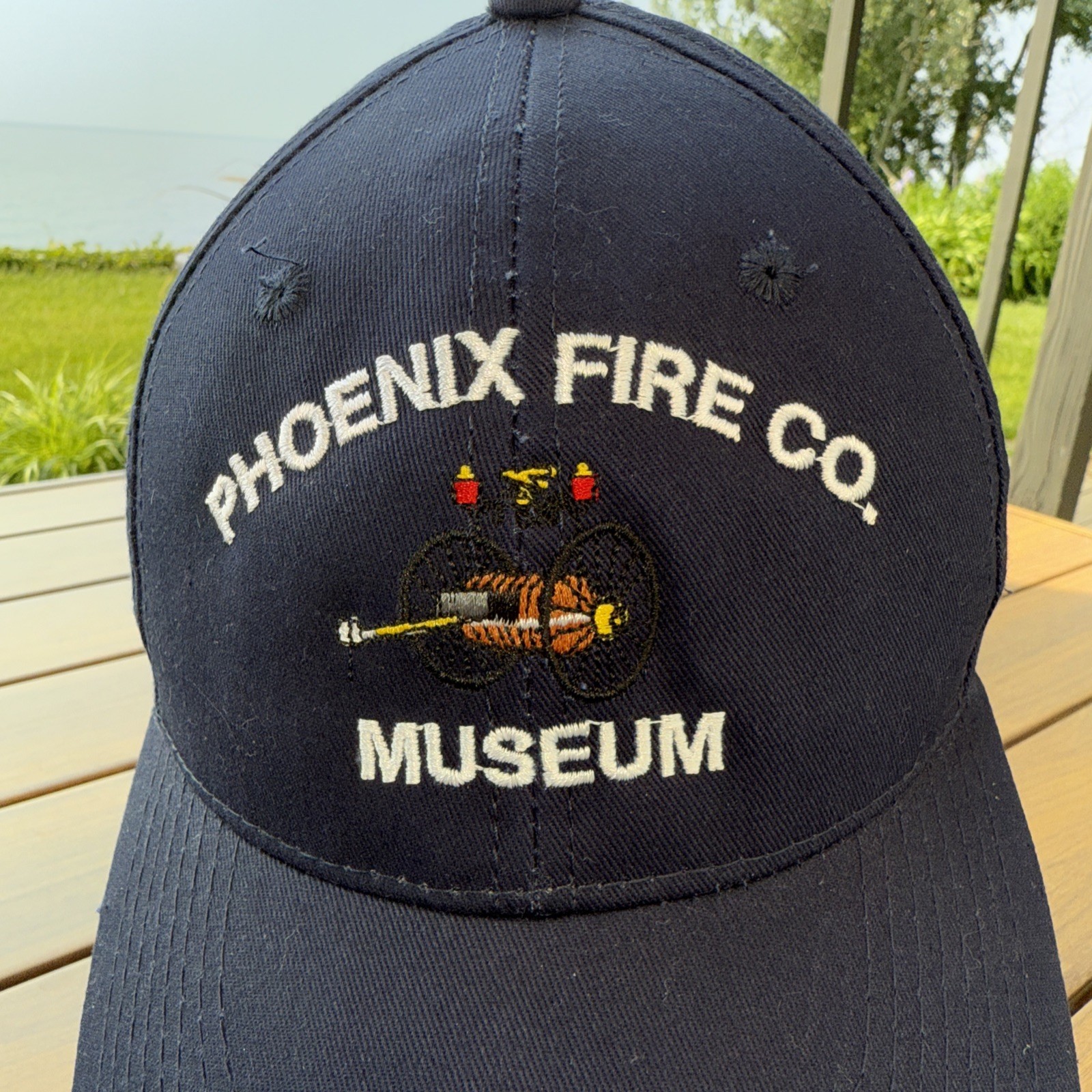 Phoenix Fire Co Museum White on Navy Hat Cap Hook Loop EUC Antique Fire Piece