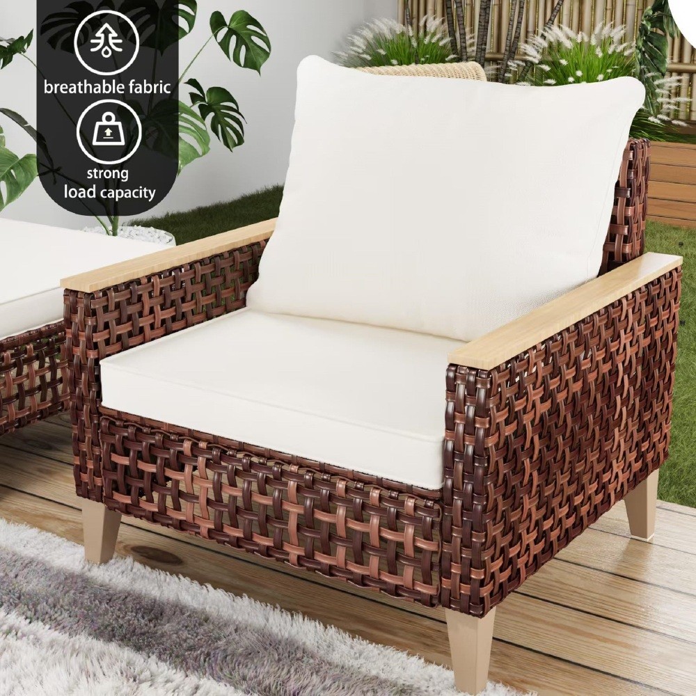 7-Piece Rattan Patio Furniture Set w/ 4" Cushions, White, Weather Resistant