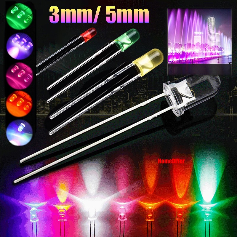 3mm/ 5mm Round LED Bulb Light Emitting Diode 24 Colours Lights Short/ Long Legs