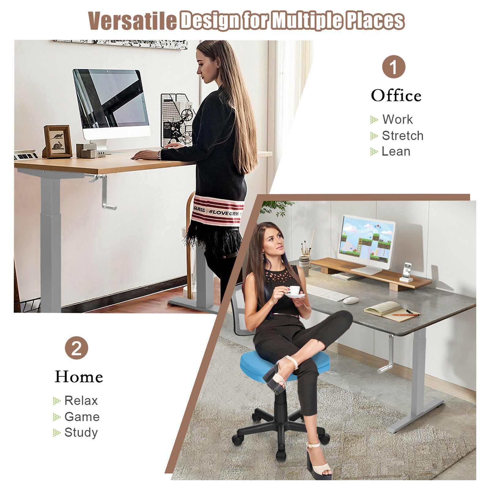 Hand Crank Sit to Stand Desk Frame Height Adjustable Standing Base Grey