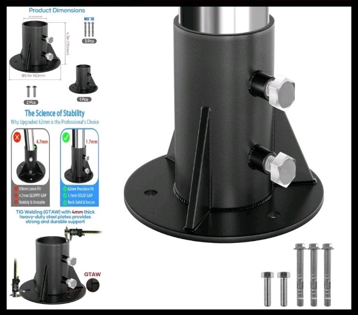 Heavy Duty 2-3/8" Chain Link Fence Post Bracket, Round Base Plate & Floor Flange