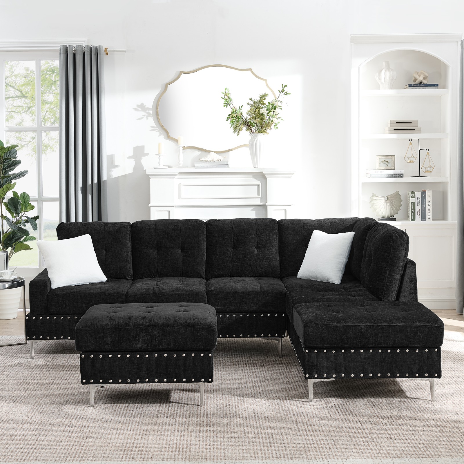 Sectional 3-Seaters Sofa with Chaise, Storage Ottoman, Metal Legs and Copper Na