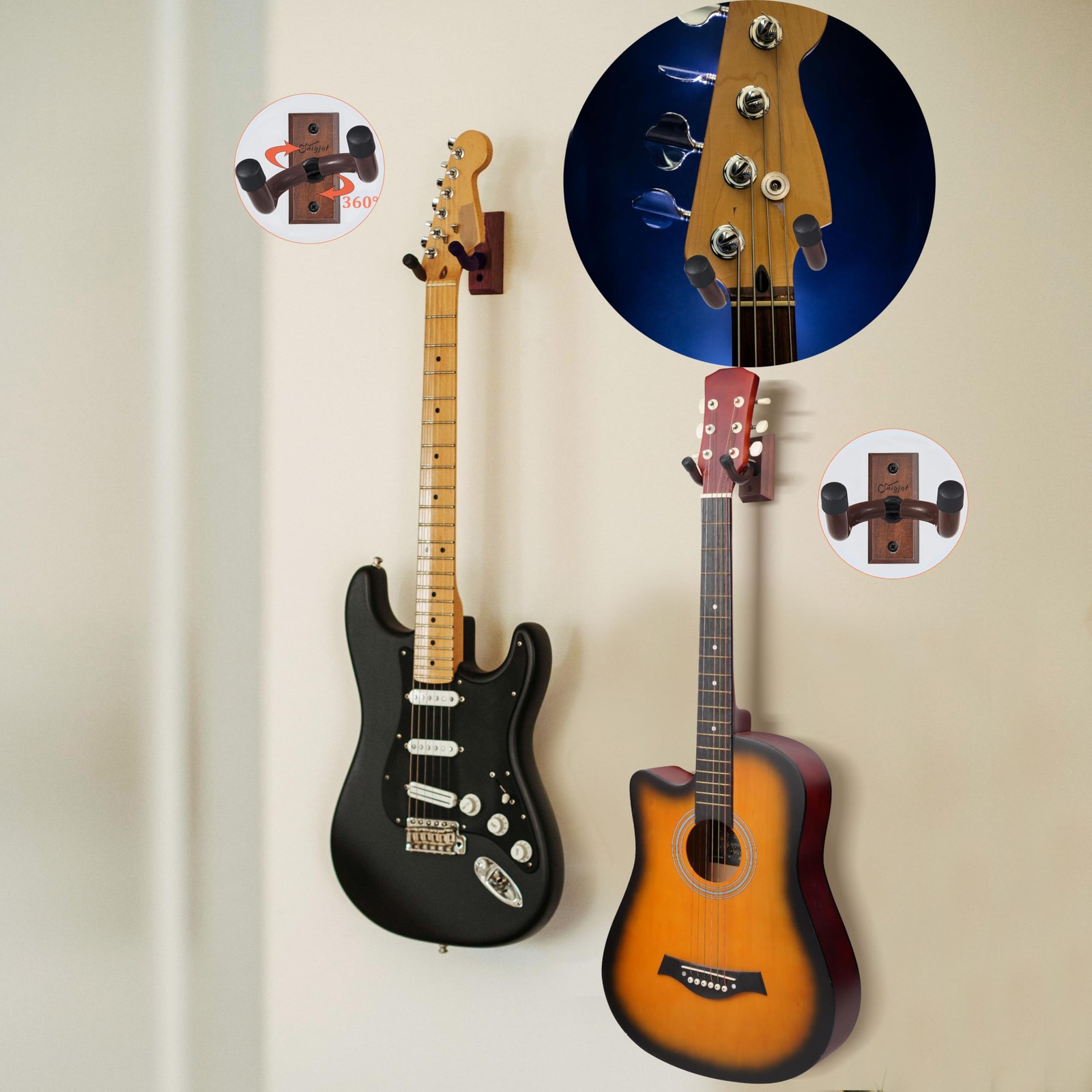 SNIGJAT Guitar Wall Mount 2 Pack, Wood 2 Saddle Brown