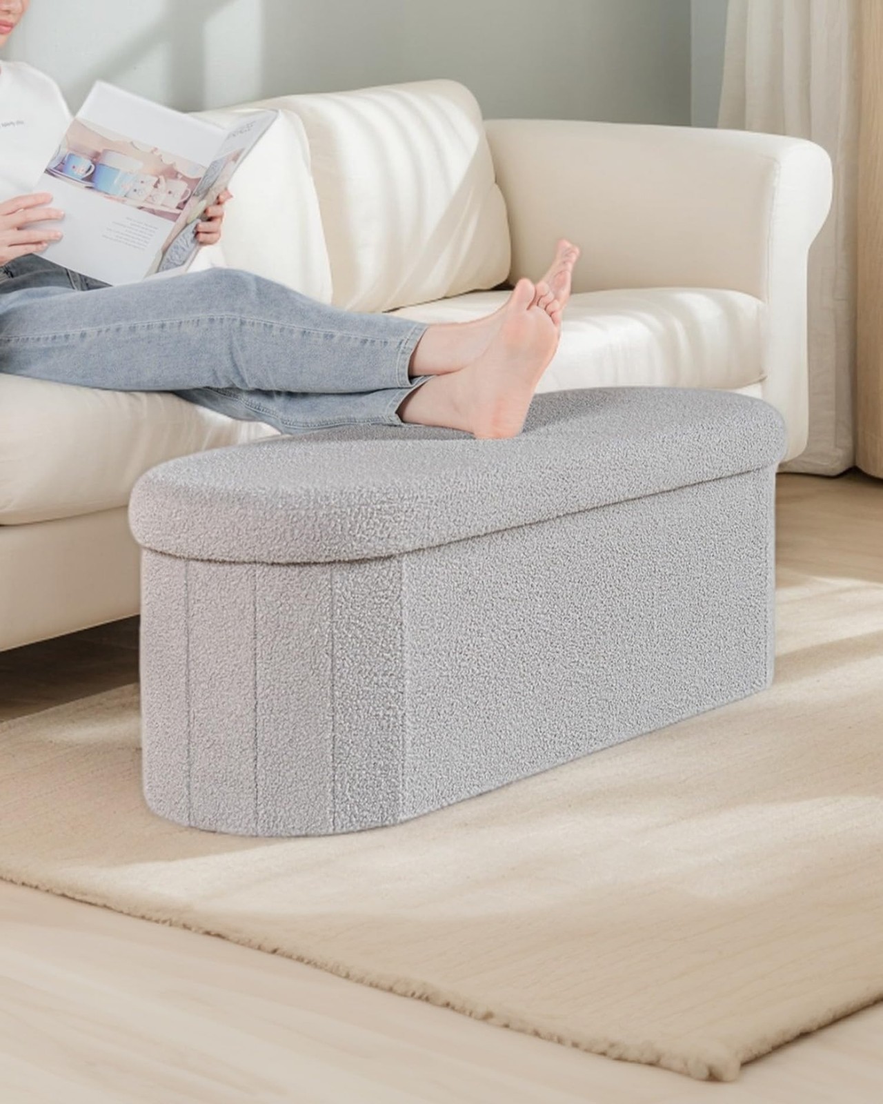 ZOLANOful Storage Ottoman Bench, 43.3" Oval Upholstered Ottoman Foot Rest Fol...