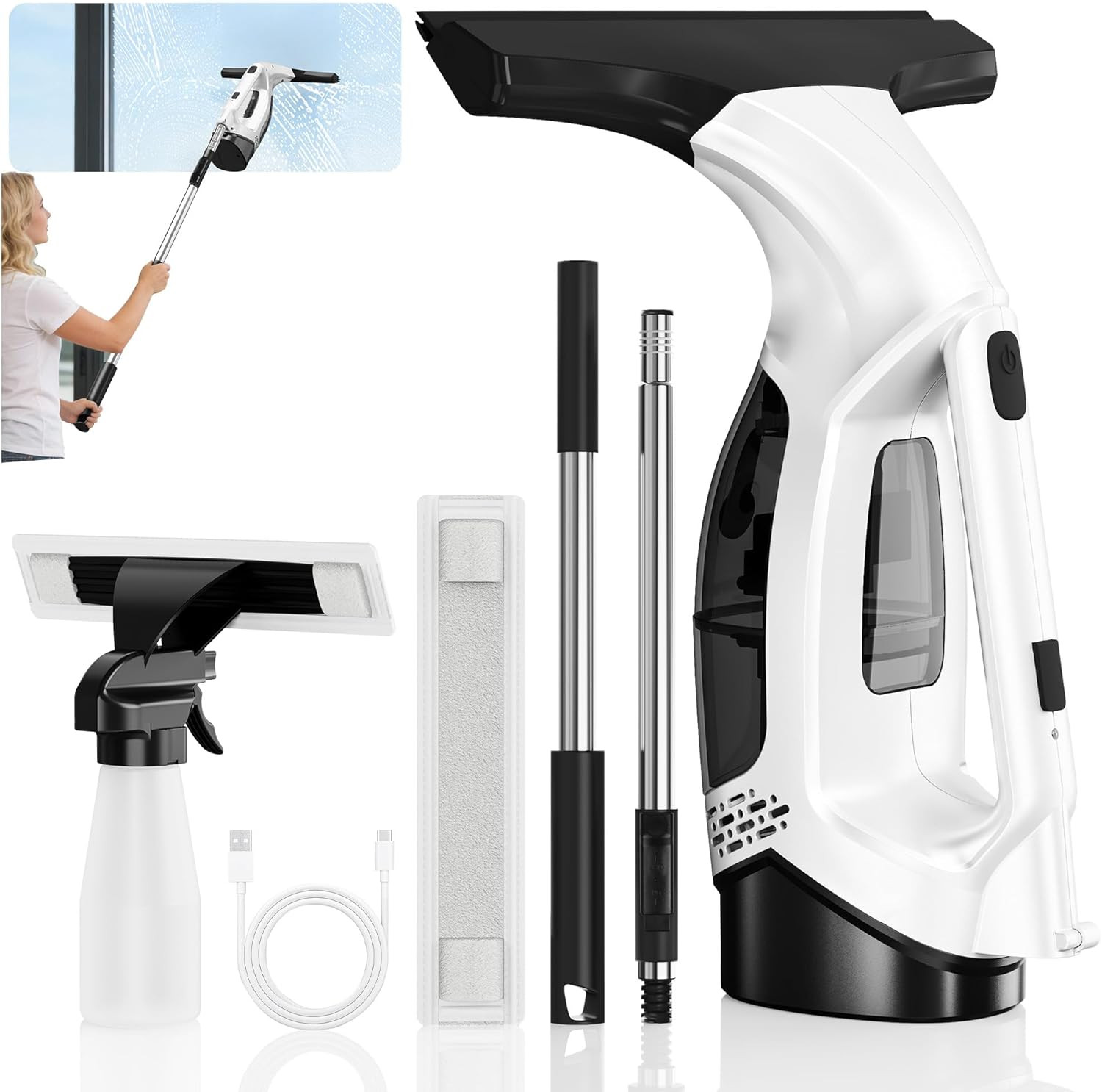 Window Vacuum Squeegee with Extendable Pole 31-40", 2000Pa Electric Window Clean