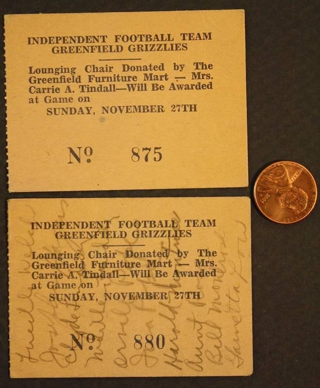 1930-40 Era Greenfield Indiana Grizzlies Independent Football team 2 ticket set-