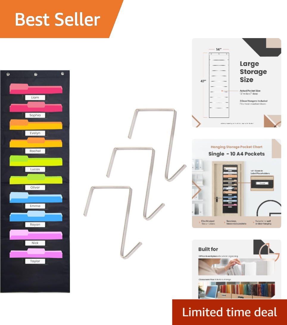Black Over Door Pocket Chart with 3 Hangers for Easy Organization