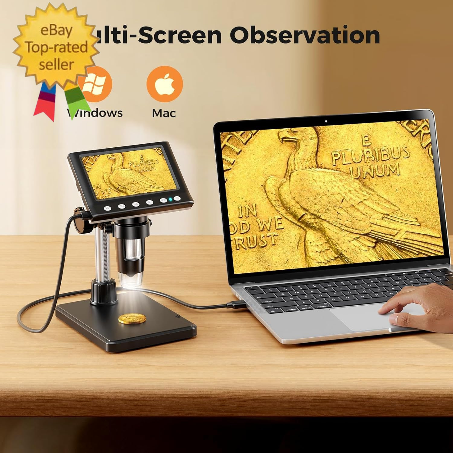 4.3 Inch LCD Digital Coin Microscope,1000X USB Magnfier 8 Adjustable LED Lights