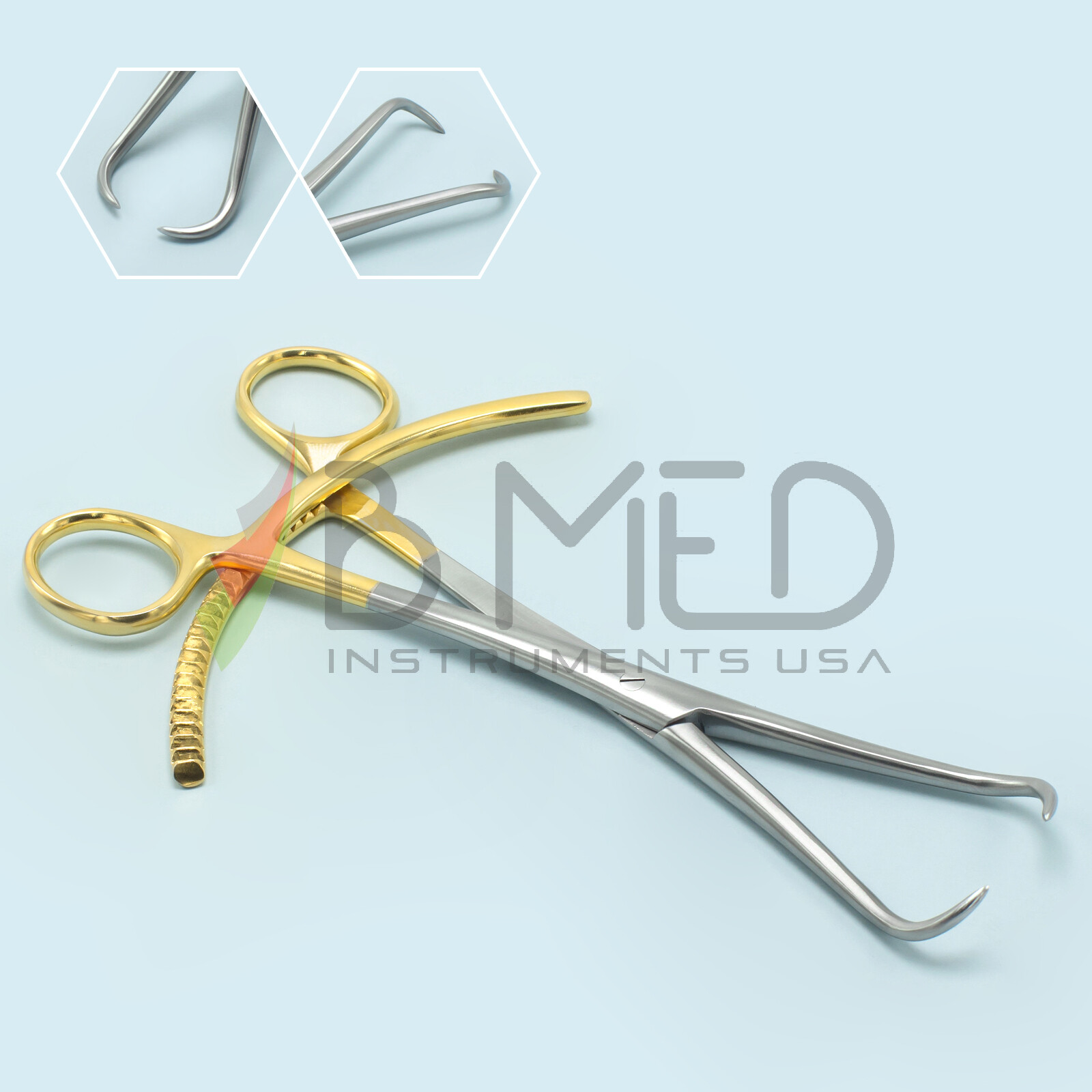 Bone Reduction Forceps 8" Curved Pointed Tips, Long Double Ratchet Gold Plated
