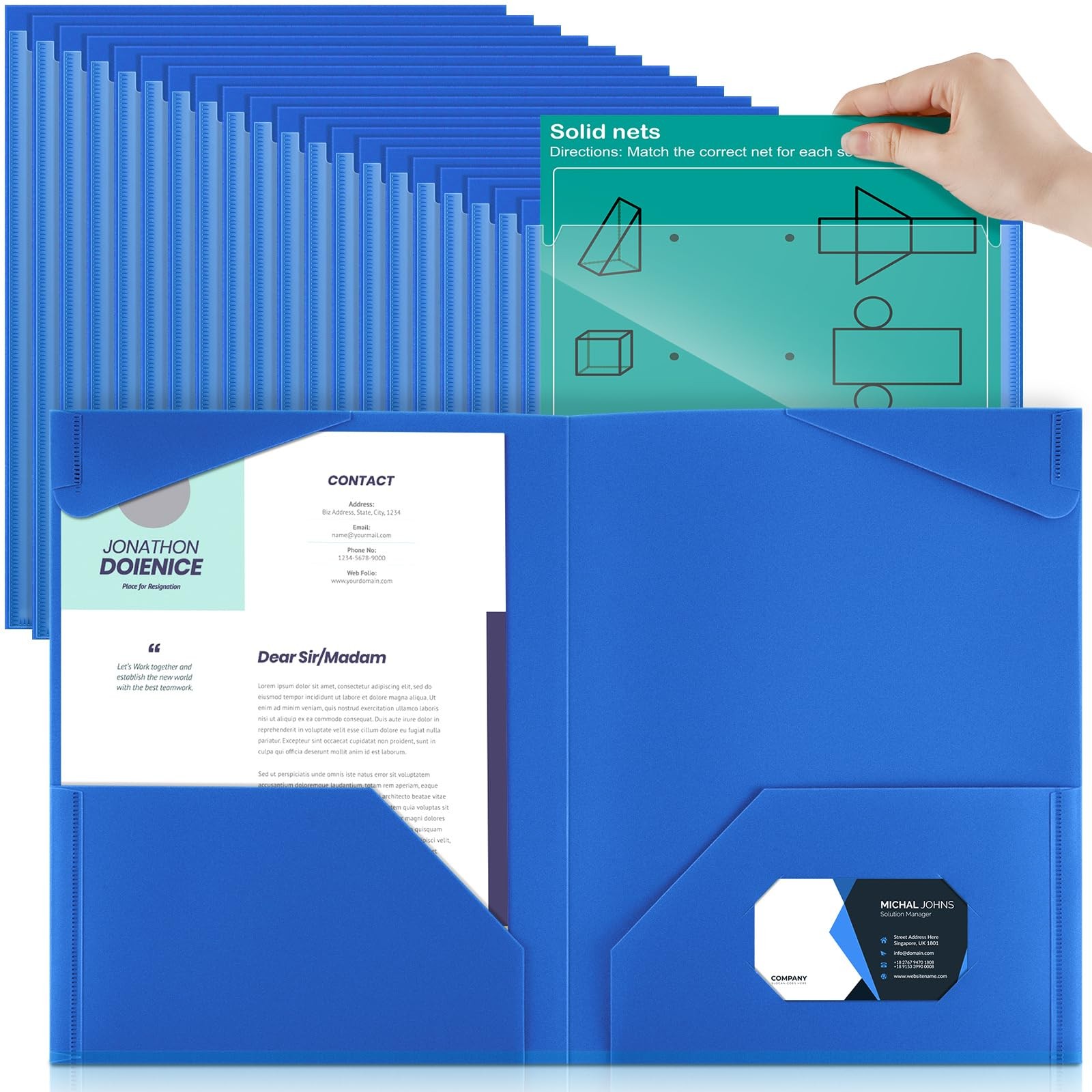 100 PCS Heavy Duty Blue Plastic File Folder Clear Front 2 Pocket Card Slot