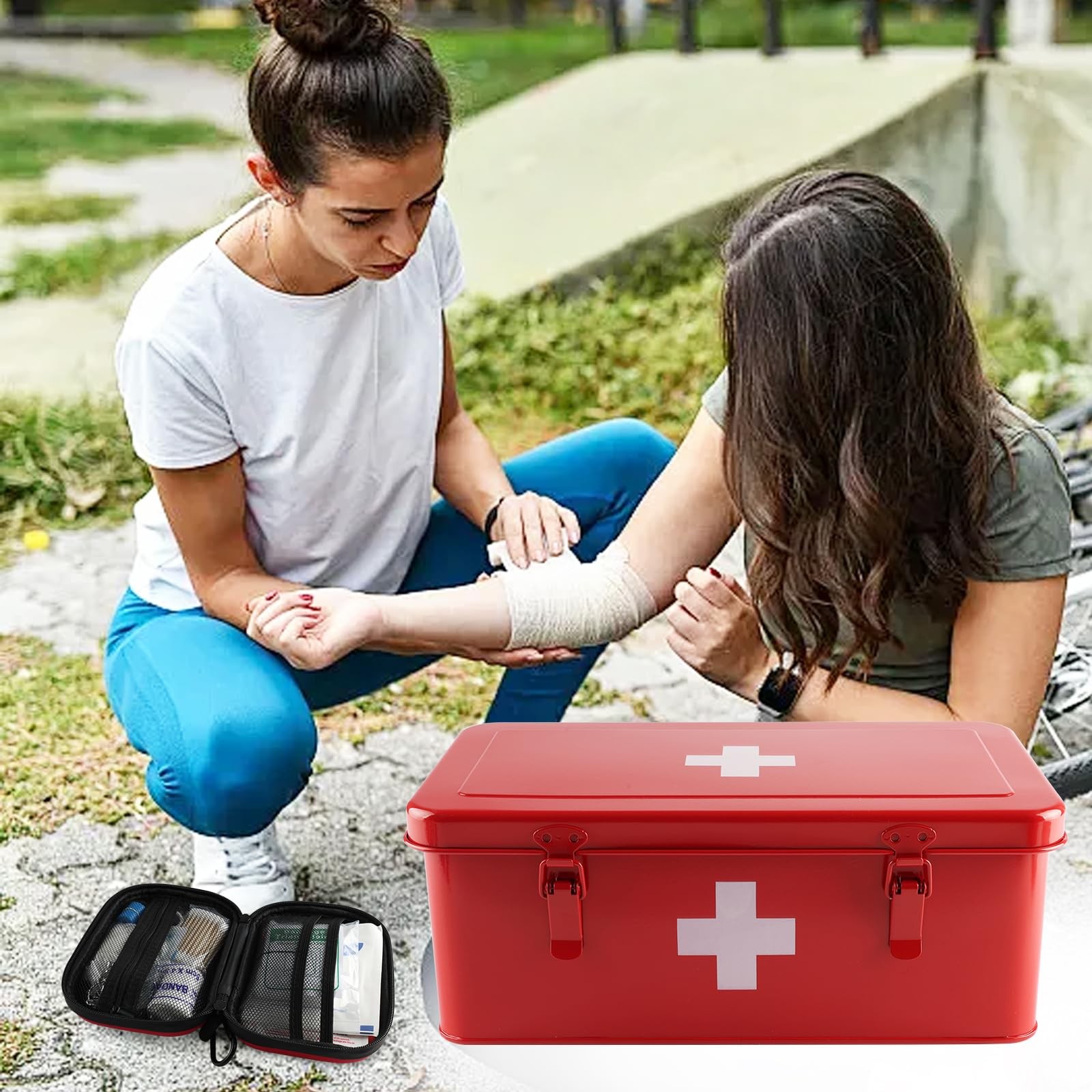 First Aid Box with Mini First Aid Kit, Metal Medicine Storage Box with Handle...