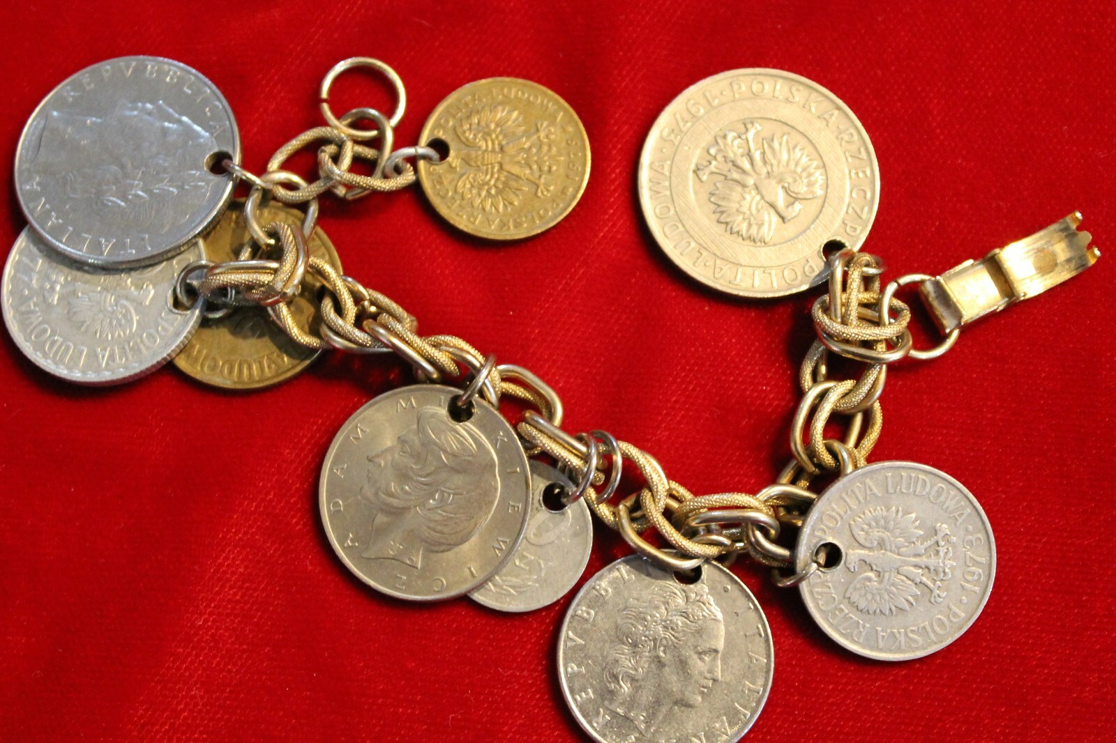 FOREIGN COIN BRACELET,  9- WORLD COIN BRACELET FROM POLAND AND ITALY