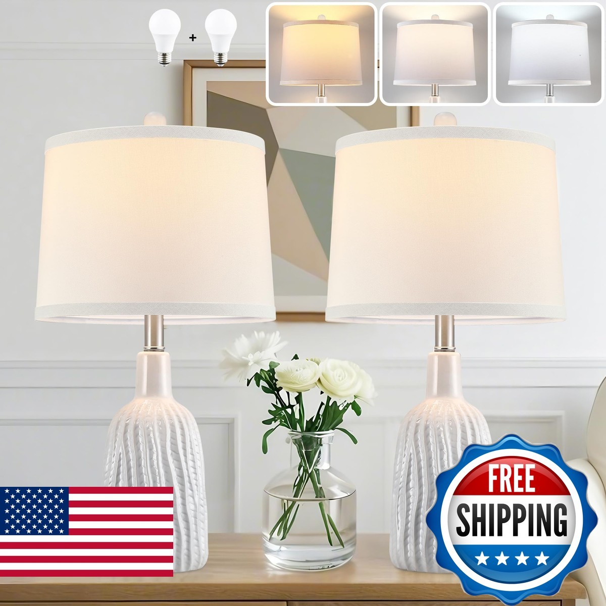 GRUENLICH Ceramic Table Lamp Set 2 Nightstand, 22.5" Modern White Bedside Lamp