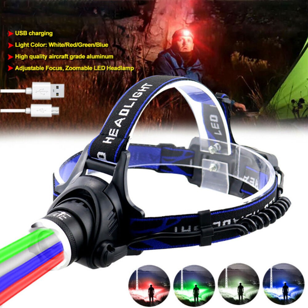 4 IN 1 Red Green Blue White Light Zoom LED Headlamp Hunting Head Torch Lamp
