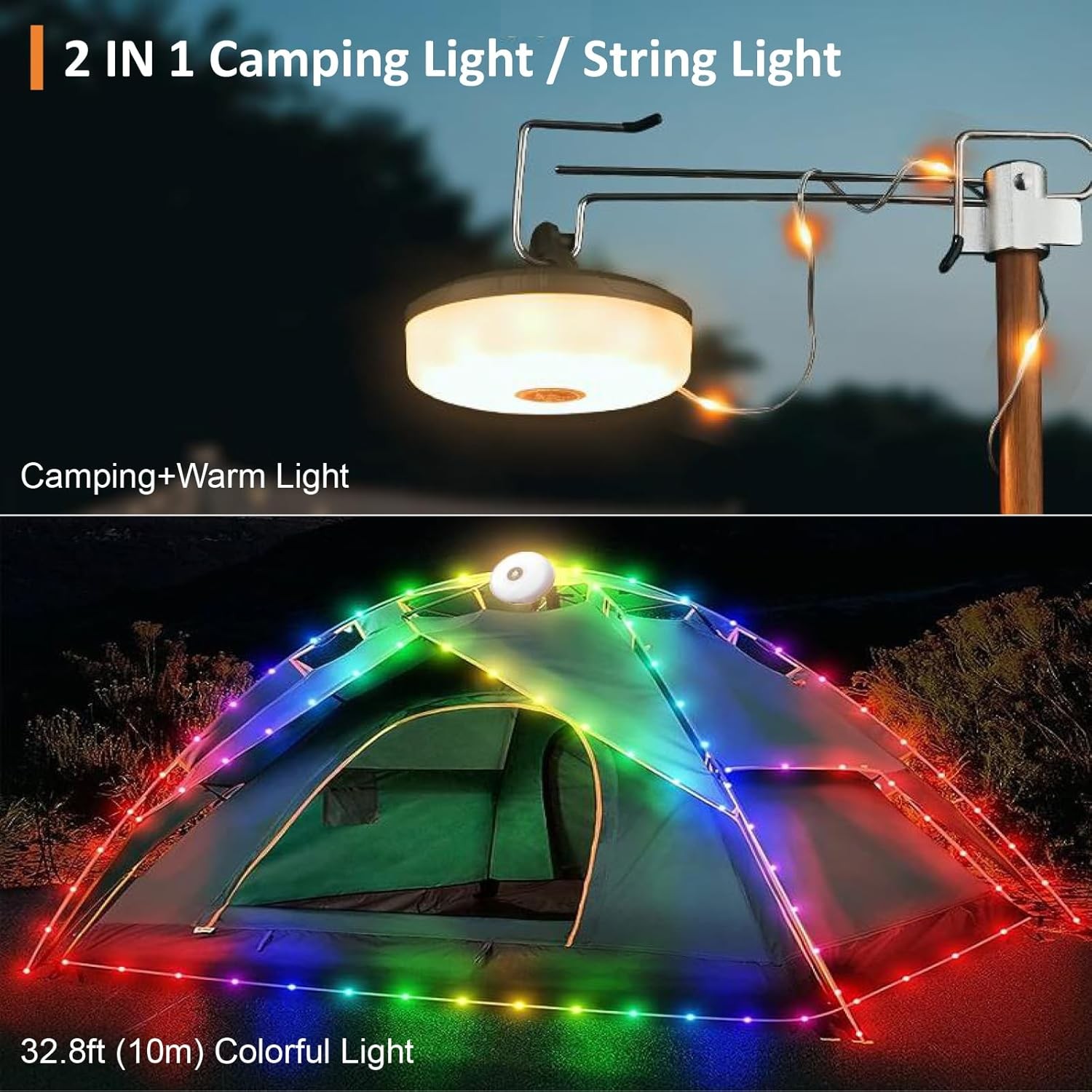 Camping String Lights, 4 in 1 Portable Camping Light Rechargeable, 8 Lighting