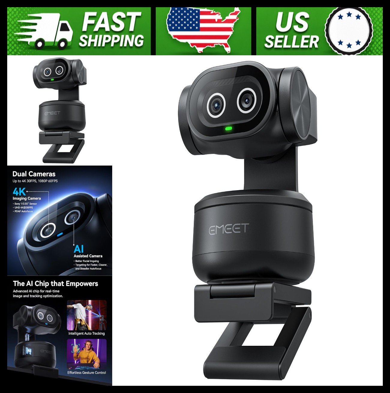 EMEET PIXY 4K AI PTZ Webcam with Dual Camera, Autofocus, 3 Mics