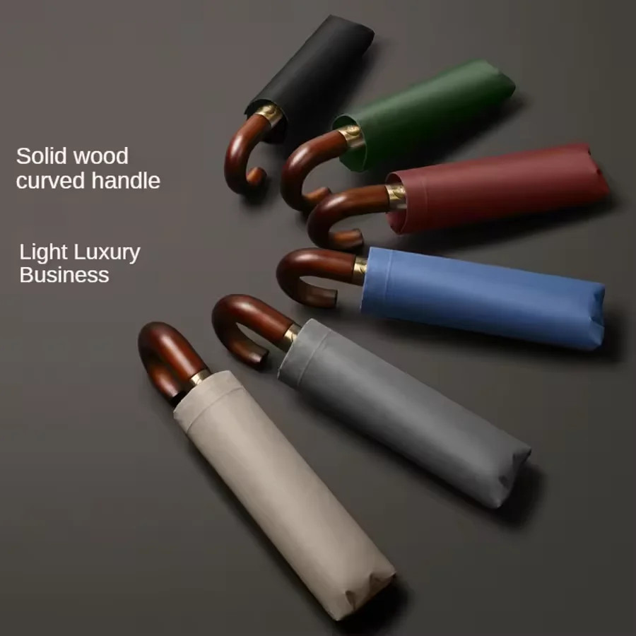 Fully automatic wooden handle curved hook windproof and sunproof fold