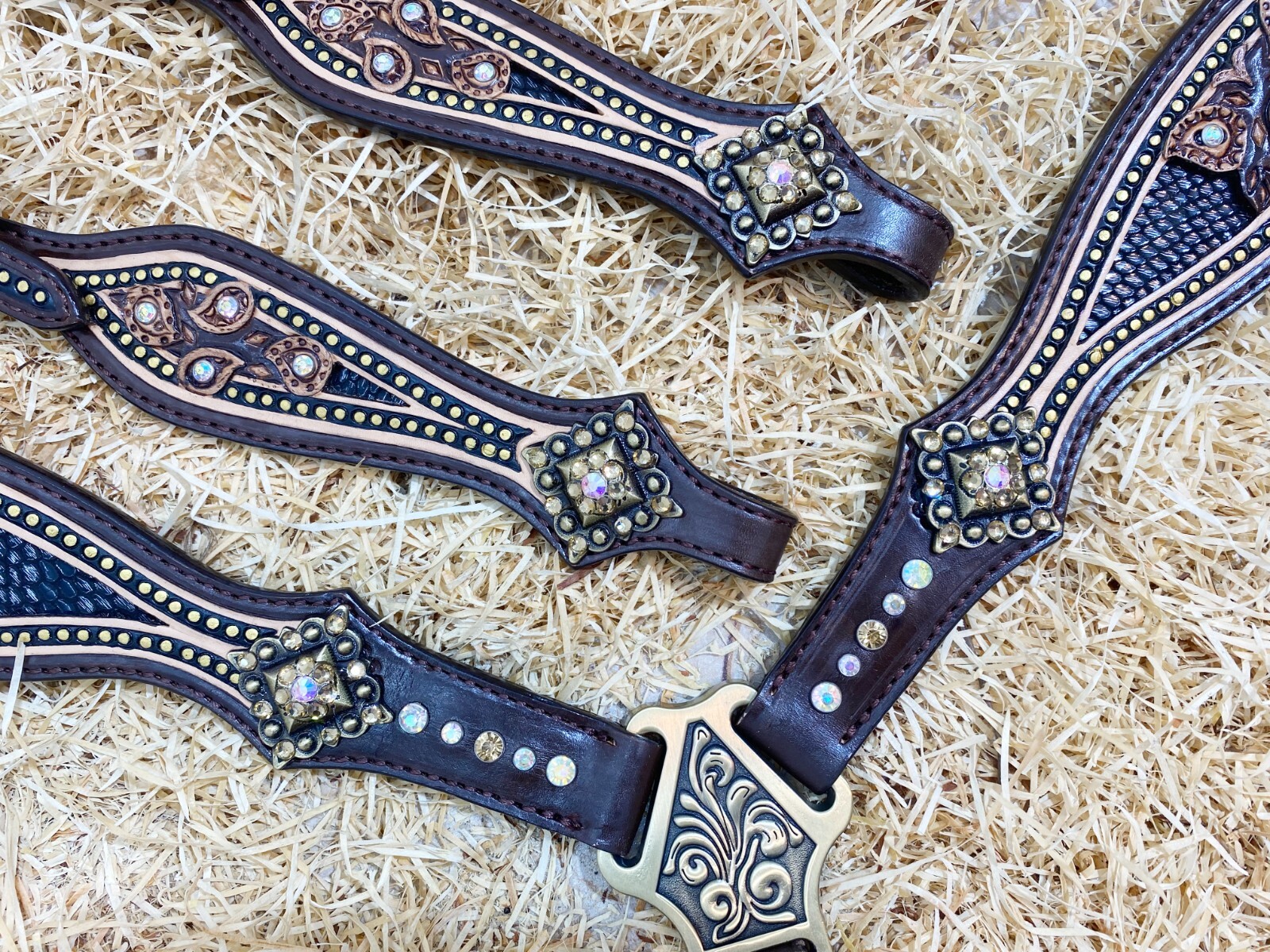Western Leather Headstall Set Horse Decorated with Paisley Carving Gifts MOUSM