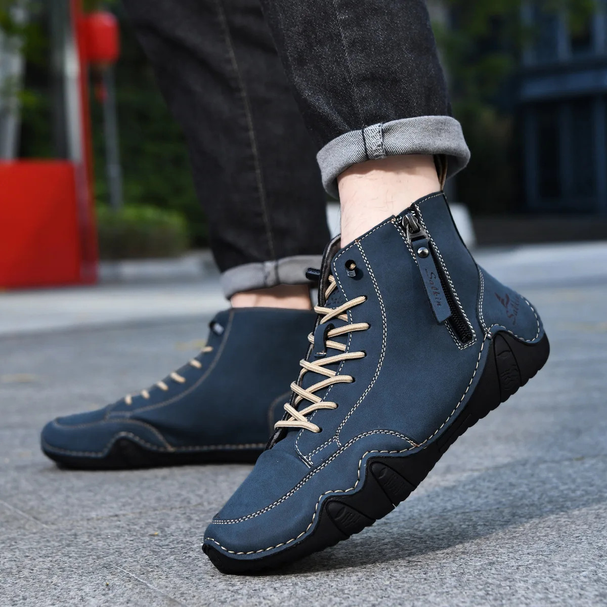 Men's Handmade Casual Ankle Boots Leather Side Zipper Breathable Anti-Slip Shoes