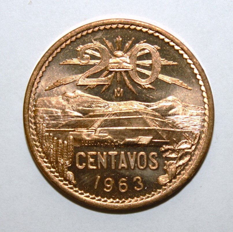 S9 - Mexico 20 Centavos 1963 Brilliant Unc. Bronze Coin - Pyramid of the Sun
