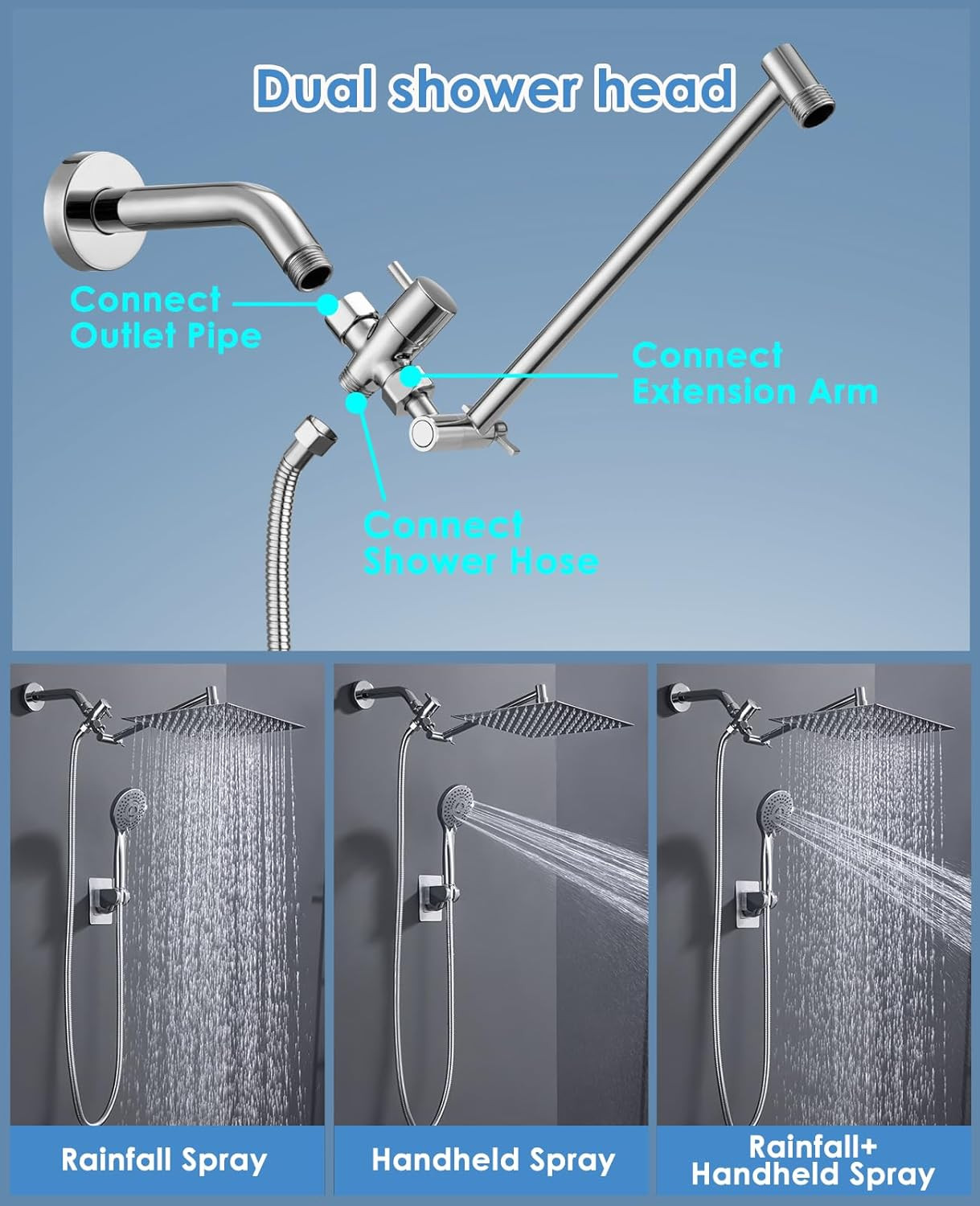 10" Rainfall Shower Head & Handheld Combo, 5 Modes, 9.8" Extension Arm, Chrome