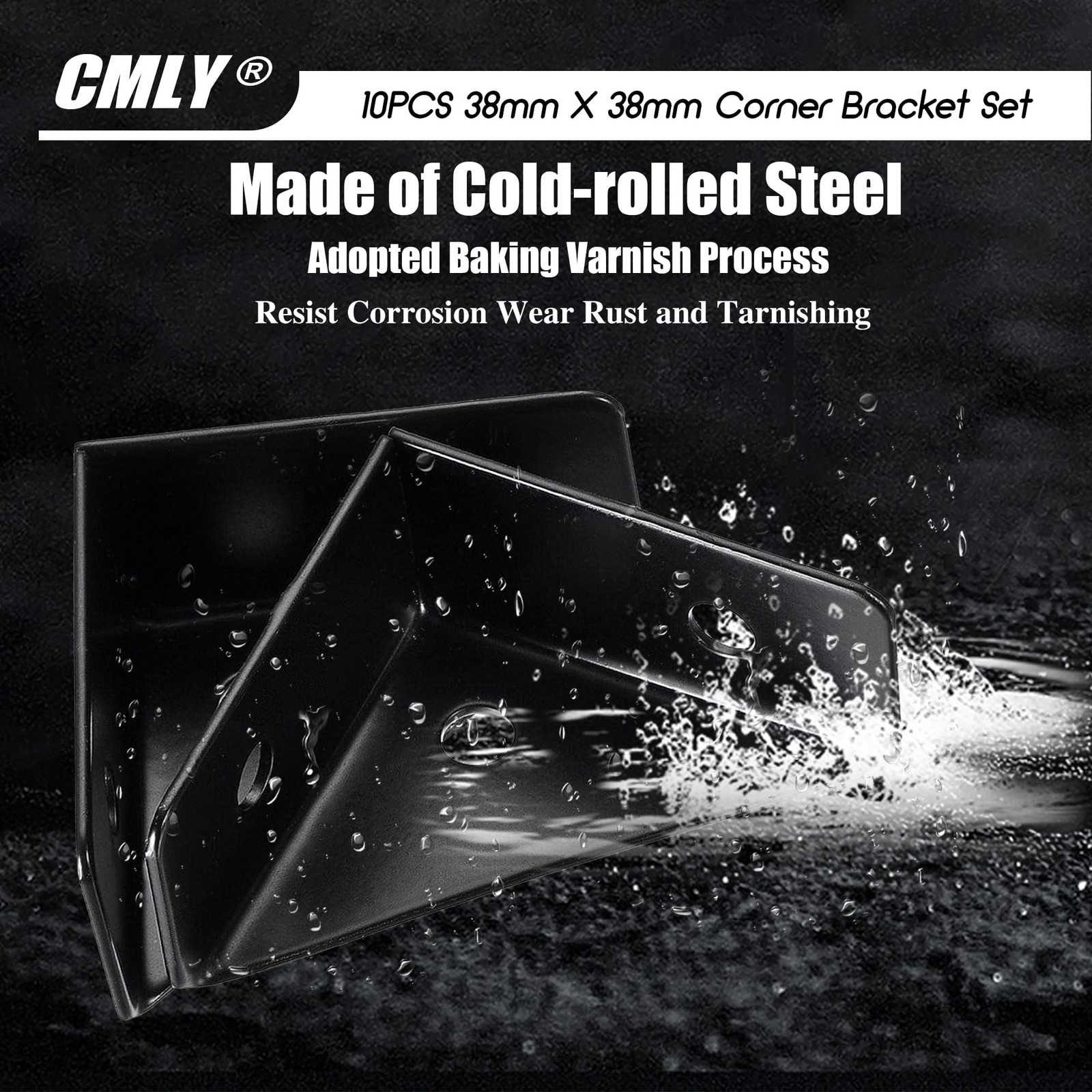 CMLY Corner Brackets, 10Pcs 38mm x 38mm, Black Steel, Triangle Medium,