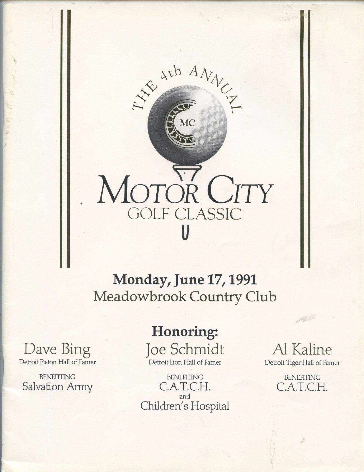 1991 "MOTOR CITY GOLF CLASSIC" PROGRAM (HONORING HOFERS KALINE, BING, & SCHMIDT)
