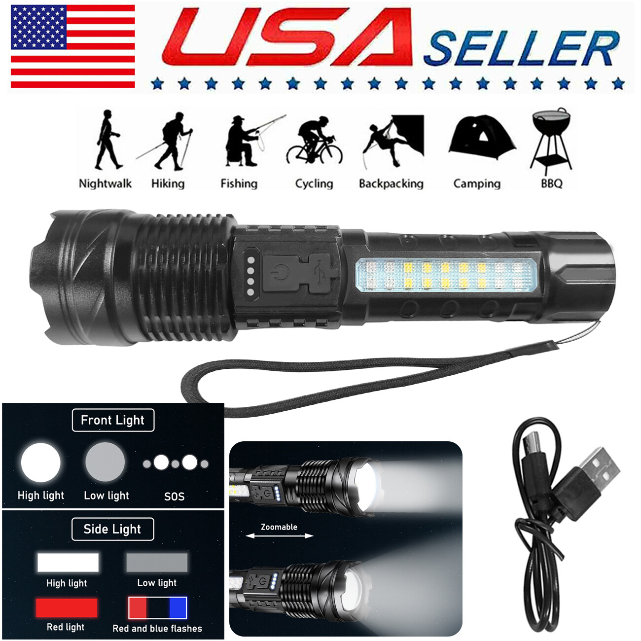 Rechargeable LED Flashlight Tactical Super Bright Torch Light 3 Lighting Color