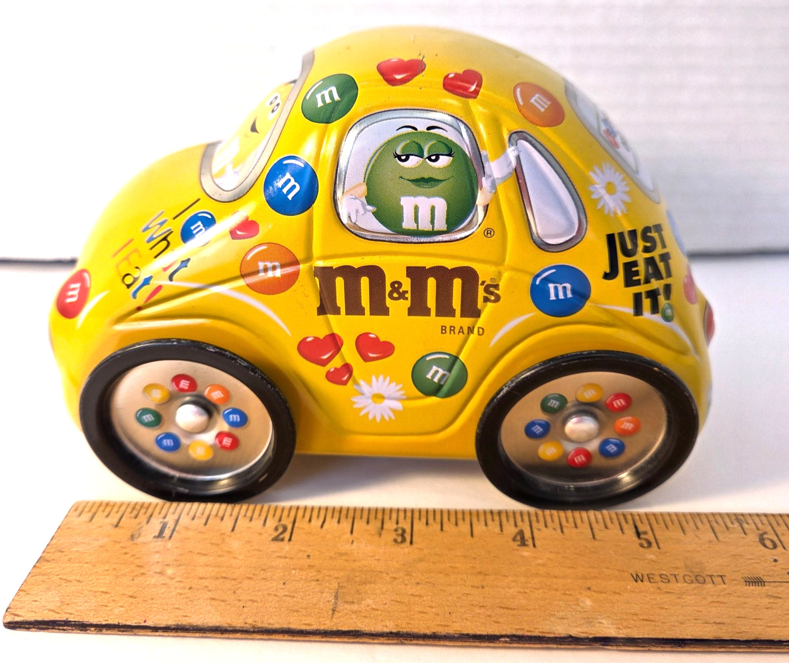 M&M collectible 6" Volkswagen Beetle Car Yellow storage tin VTG 1990's