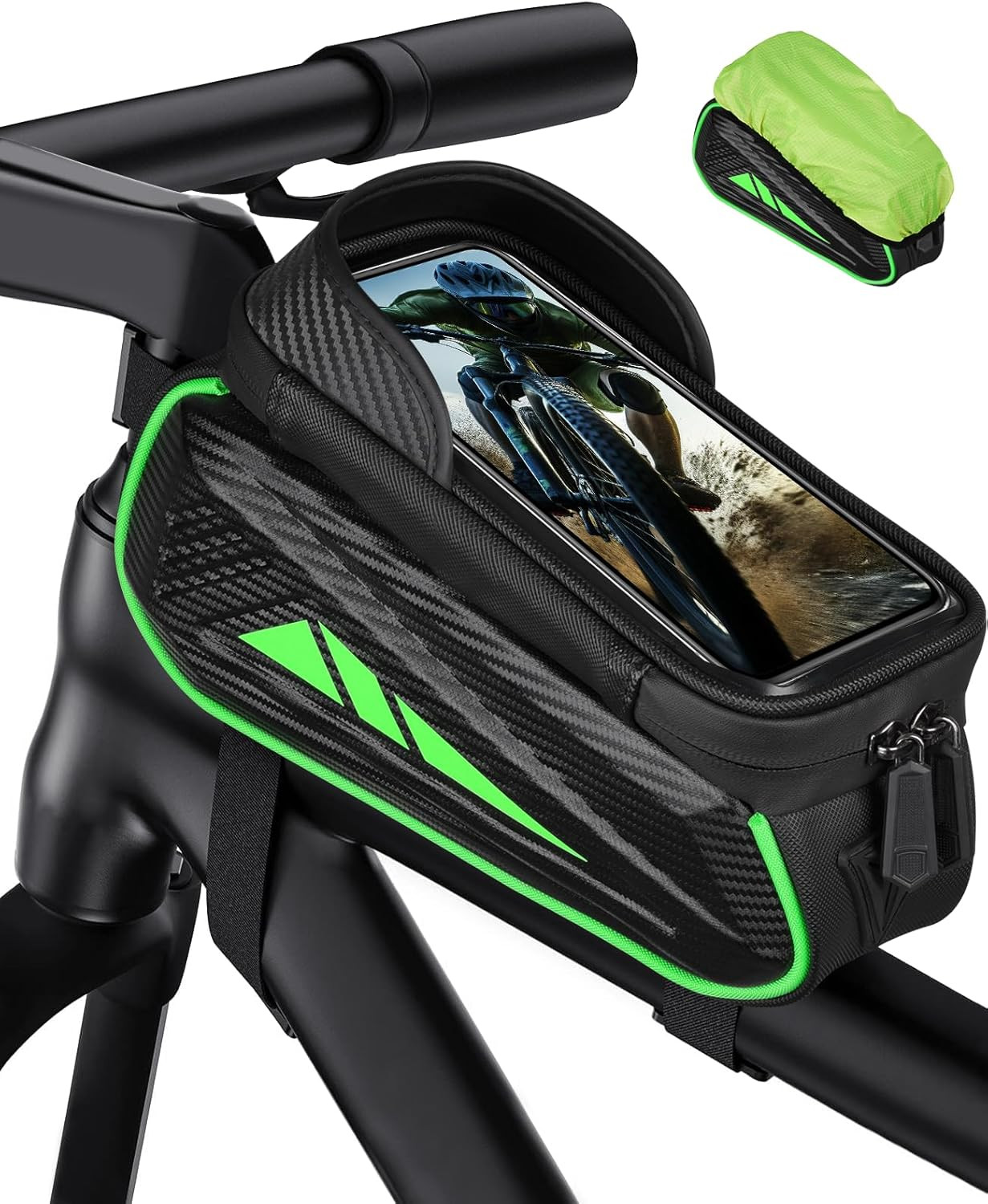 Waterproof Bike Phone Holder Bag Green Frame Pouch Touchscreen Fits 7" Phones