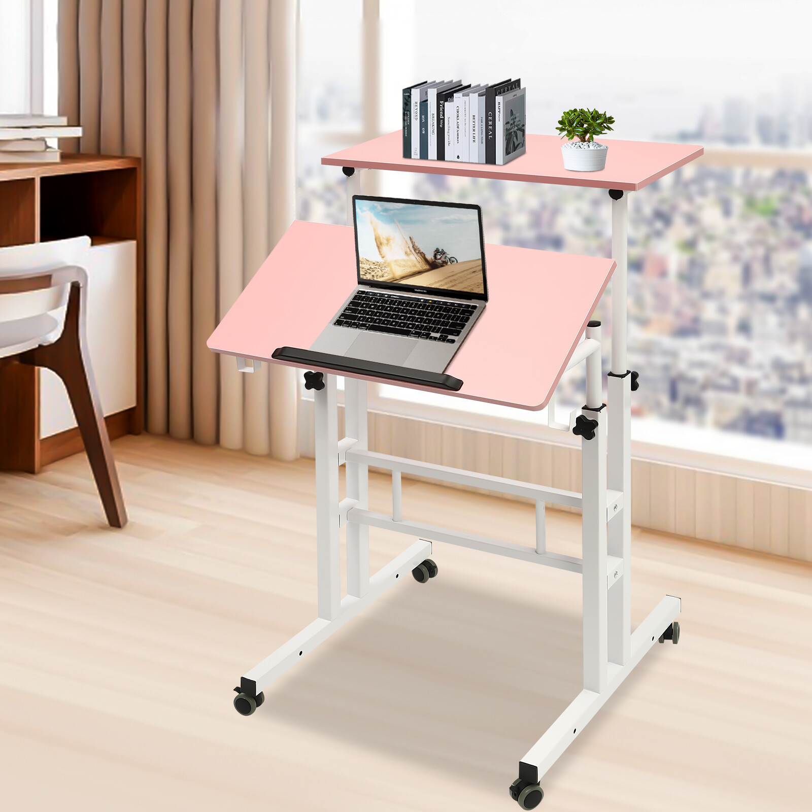 24" Mobile Stand Up Desk Adjustable Laptop Desk With Wheels Home Computer Table