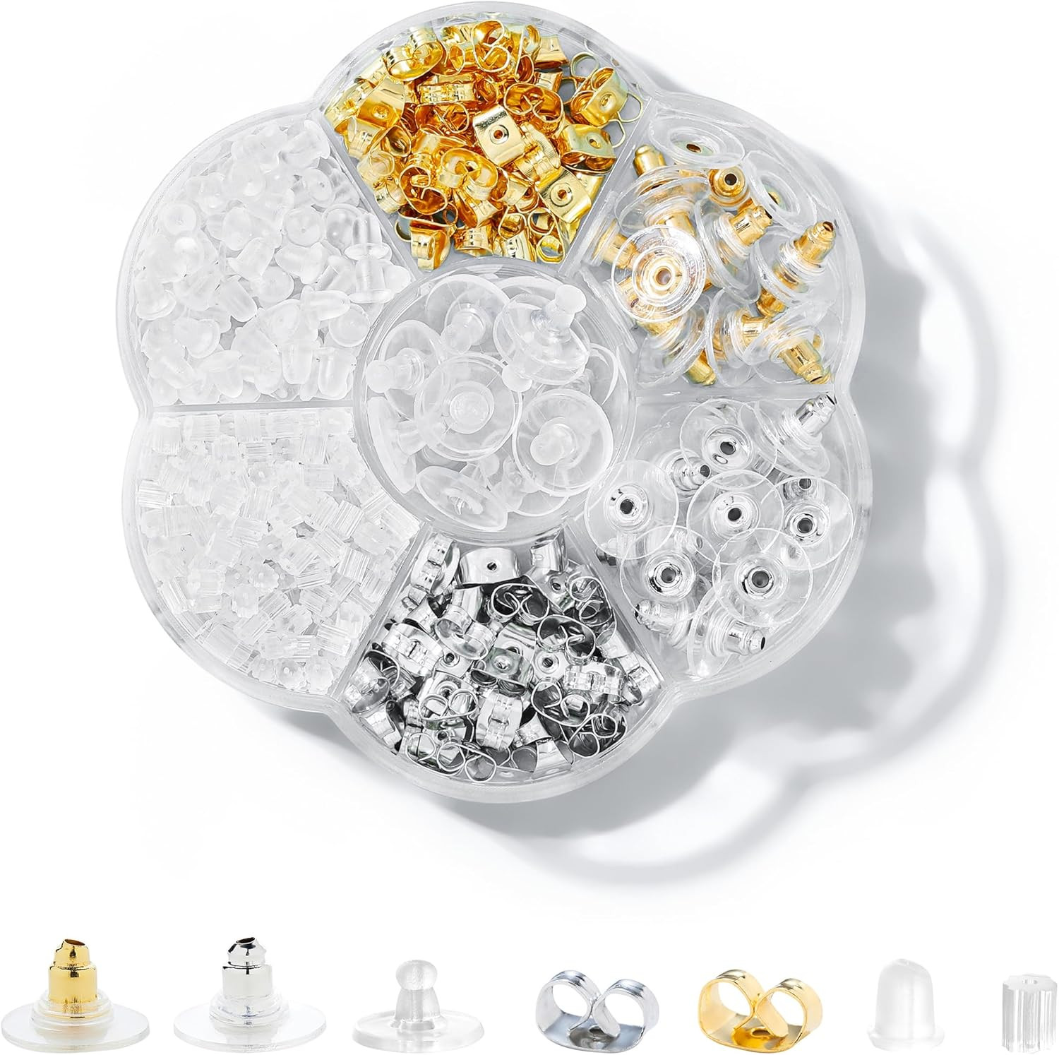 7 Styles 500PCS Earring Backs for Studs Clear Plastic Hypoallergenic Metal Rubb
