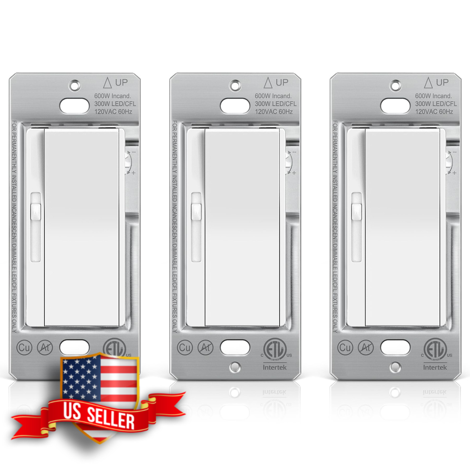 BESTTEN 3 Pack Slide Dimmer Light Switch, Quiet Rocker, White