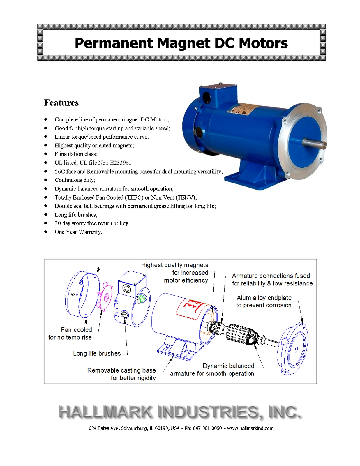 DC MOTOR, 1/4HP, 56C, 90V/1750RPM, TENV, Hallmark Industries