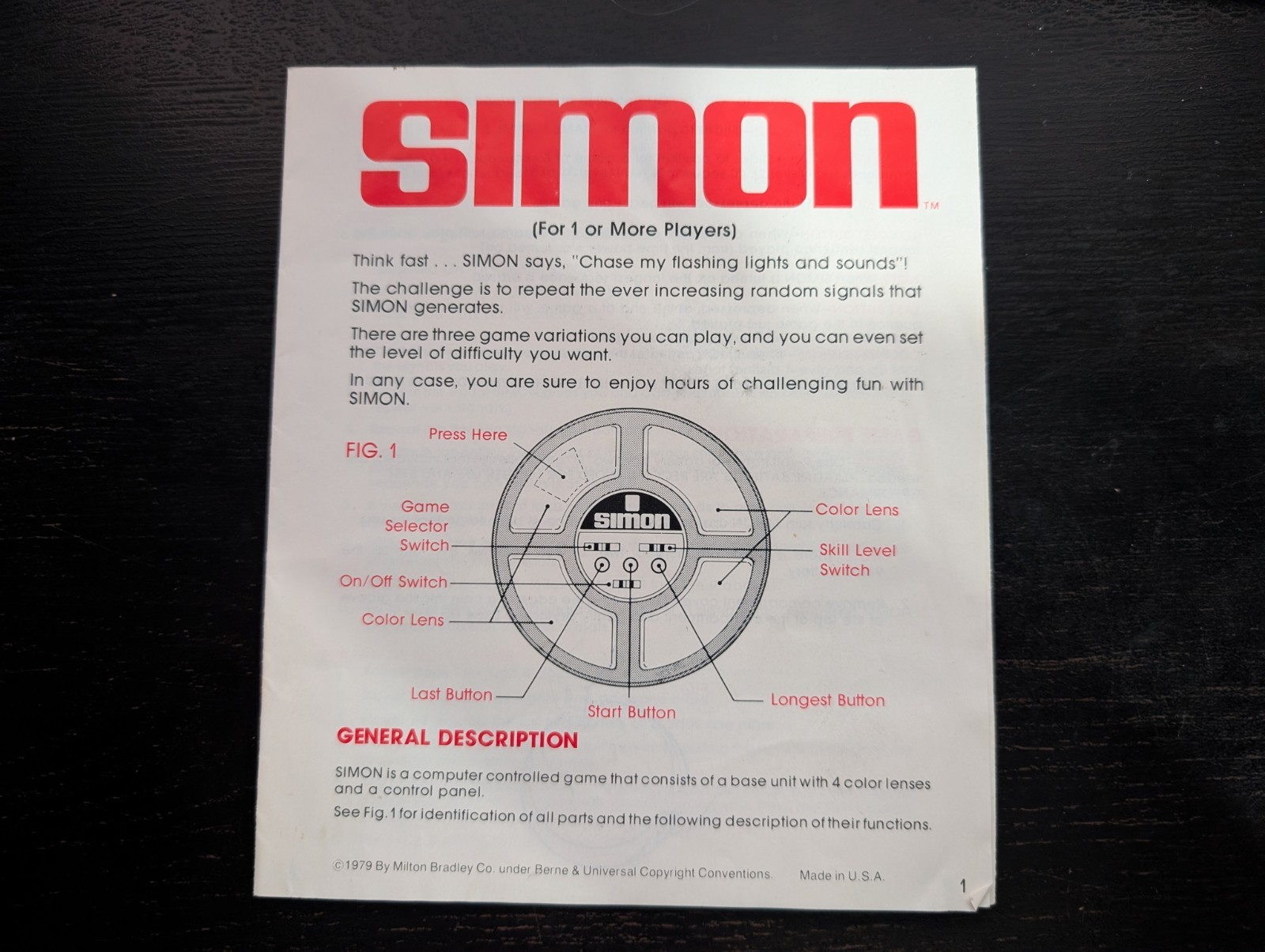 VINTAGE SIMON GAME MANUAL 1979