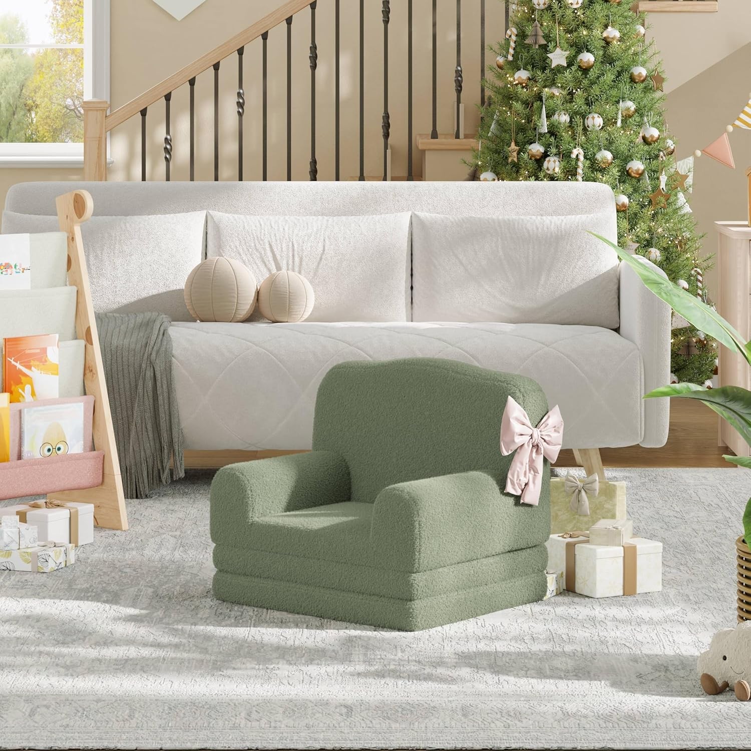 Kids Fold Out Convertible Sofa Bed, Washable Sherpa Cover, Crown Wave Design